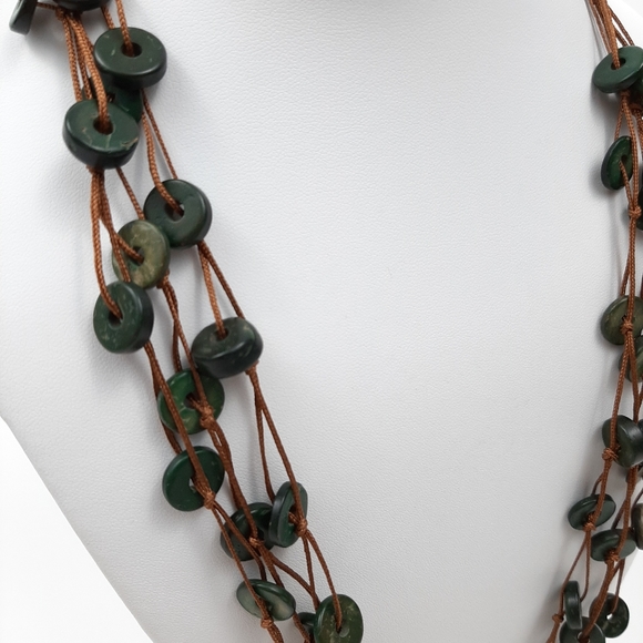 Cord and Stone Statement Necklace Brown and Green - Picture 4 of 9